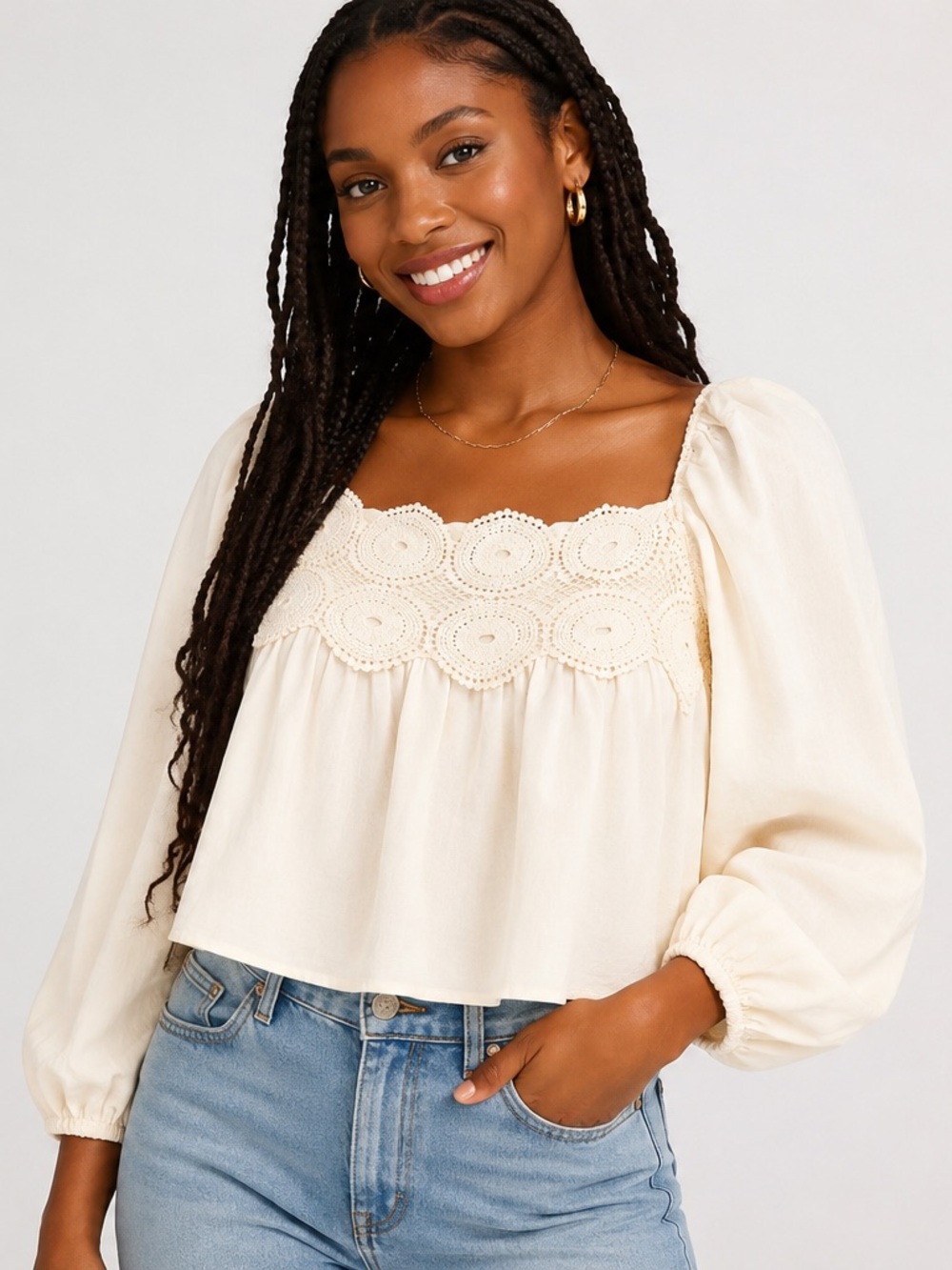 Anthropologie Cream Crochet-Yoke Peasant Top XXS